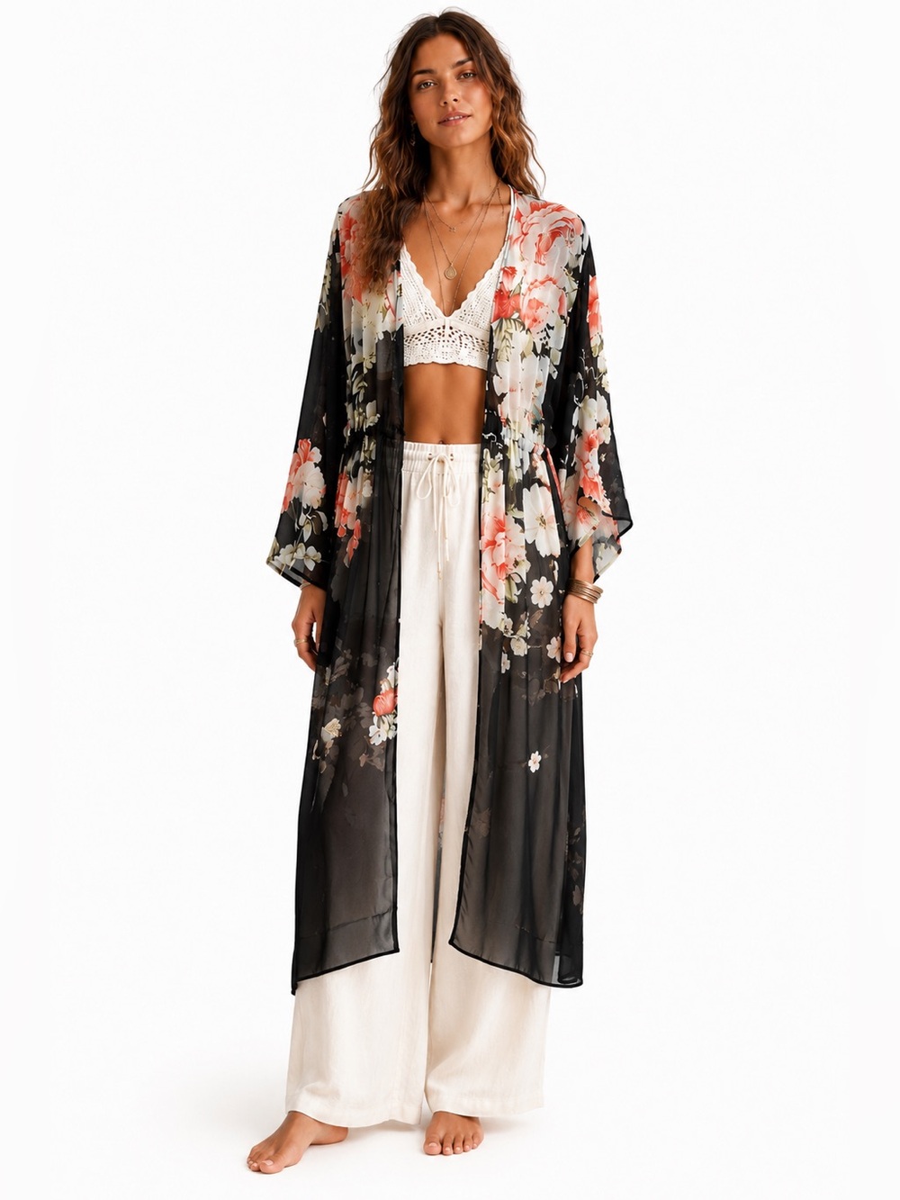 FLOREAT Anthropologie‎ Rosie Sheer Black Long Kimono Topper Festival Cover Up OS